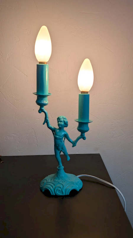 Chandelier Vintage Upcyclé Bleu Turquoise – Lampe Putti Deux Feux – Image 2