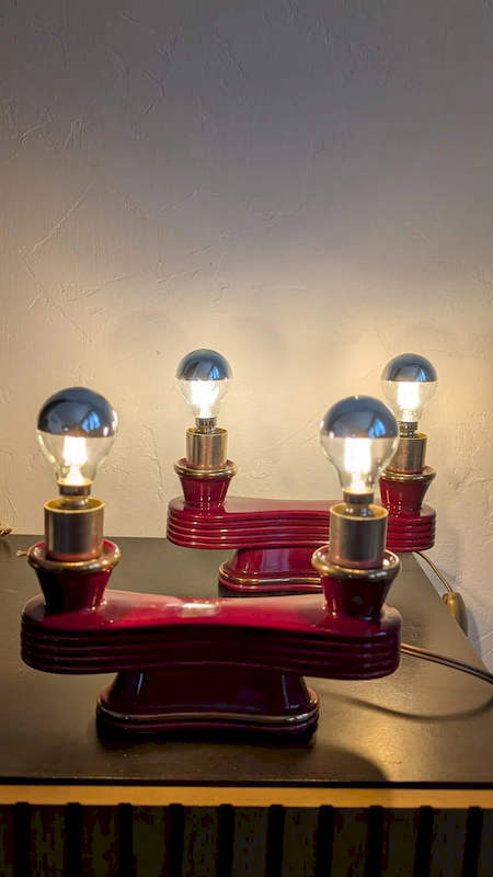 Paire de Lampes Vintage Art Déco – Céramique Bordeaux & Or – Image 3