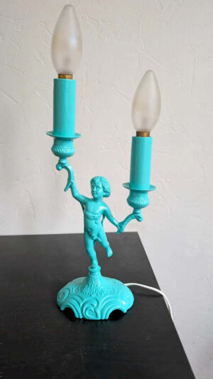 Chandelier Vintage Upcyclé bleu turquoise lampe 2 feux chérubin