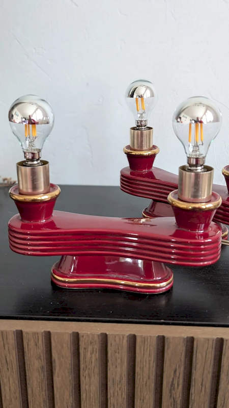 Paire de Lampes Vintage Art Déco – Céramique Bordeaux & Or – Image 4