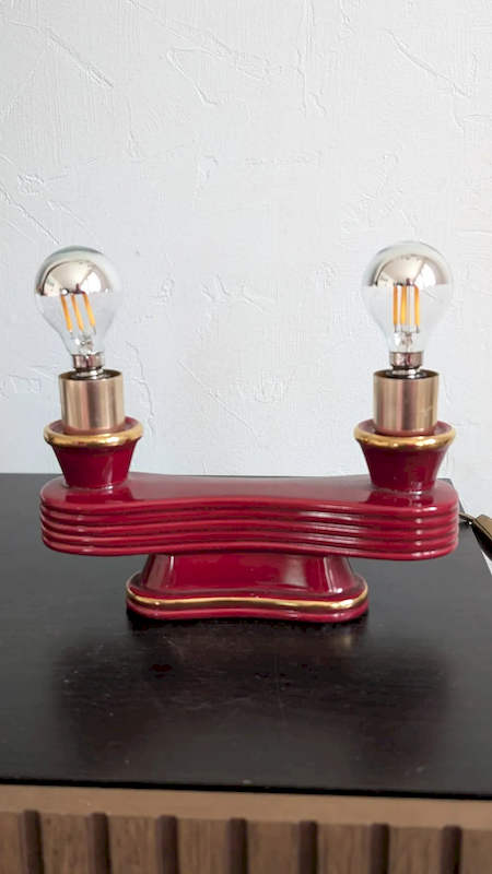 Paire de Lampes Vintage Art Déco – Céramique Bordeaux & Or – Image 2
