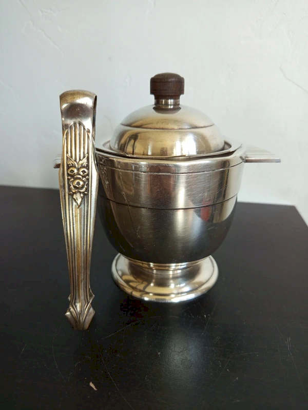 Sucrier Art Deco Maison Beard metal argente et bois precieux rare