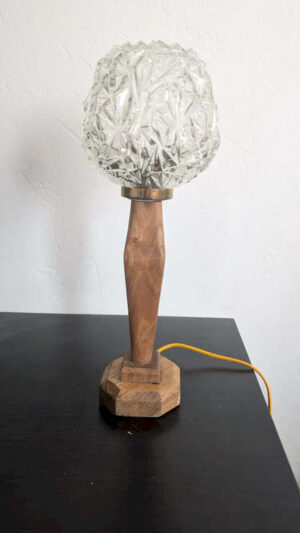 Lampe vintage années 50 bois massif et globe verre facettes