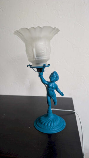 lampe angelot vintage upcyclée bleu pétrole mat tulipe verre dépoli