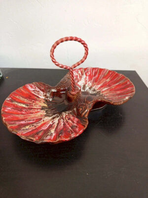 Céramique vintage serviteur double coquilles et poissons style Vallauris