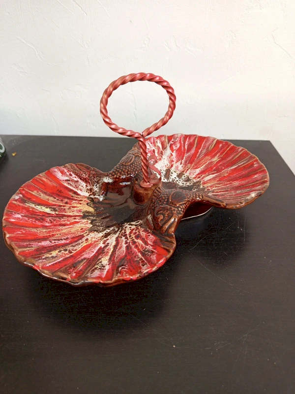 Céramique vintage serviteur double coquilles et poissons style Vallauris