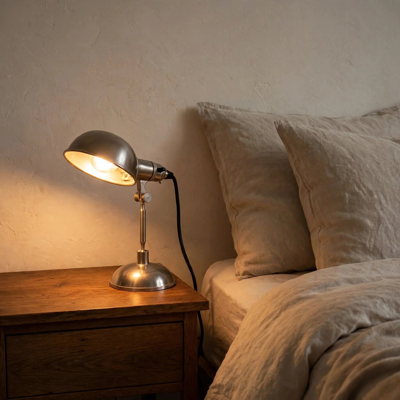 Lampe de chevet style industriel vintage allumée dans une décoration de chambre chaleureuse
