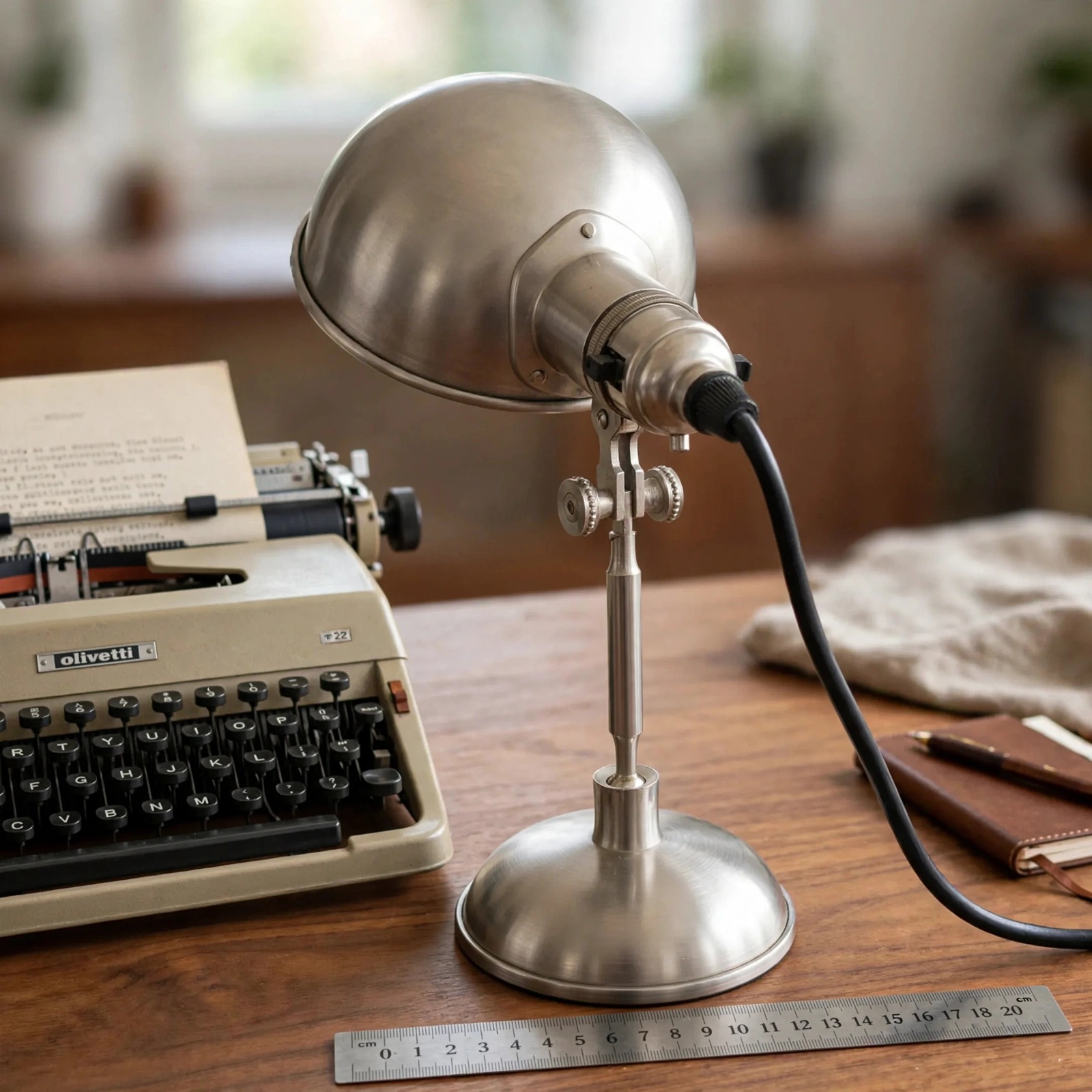 Lampe de bureau vintage années 30 en acier brossé avec machine à écrire et règle de mesure