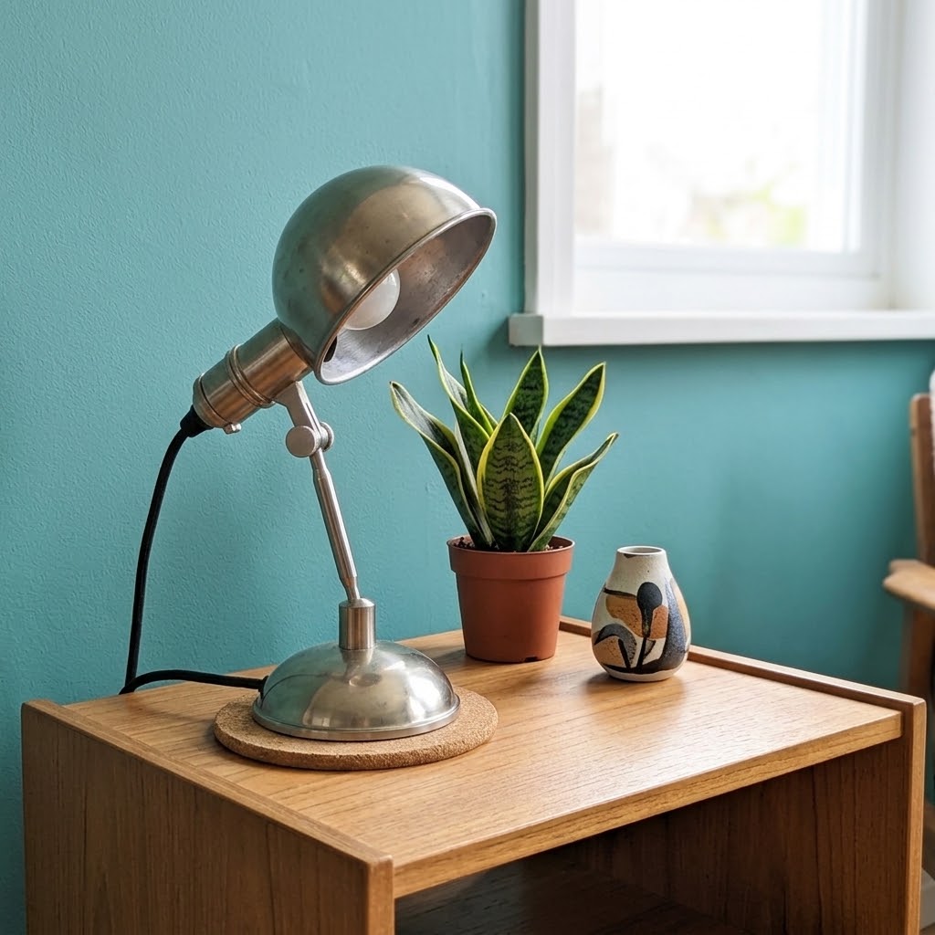 Lampe de bureau industrielle vintage années 30 style Metek en acier brossé vue de profil
