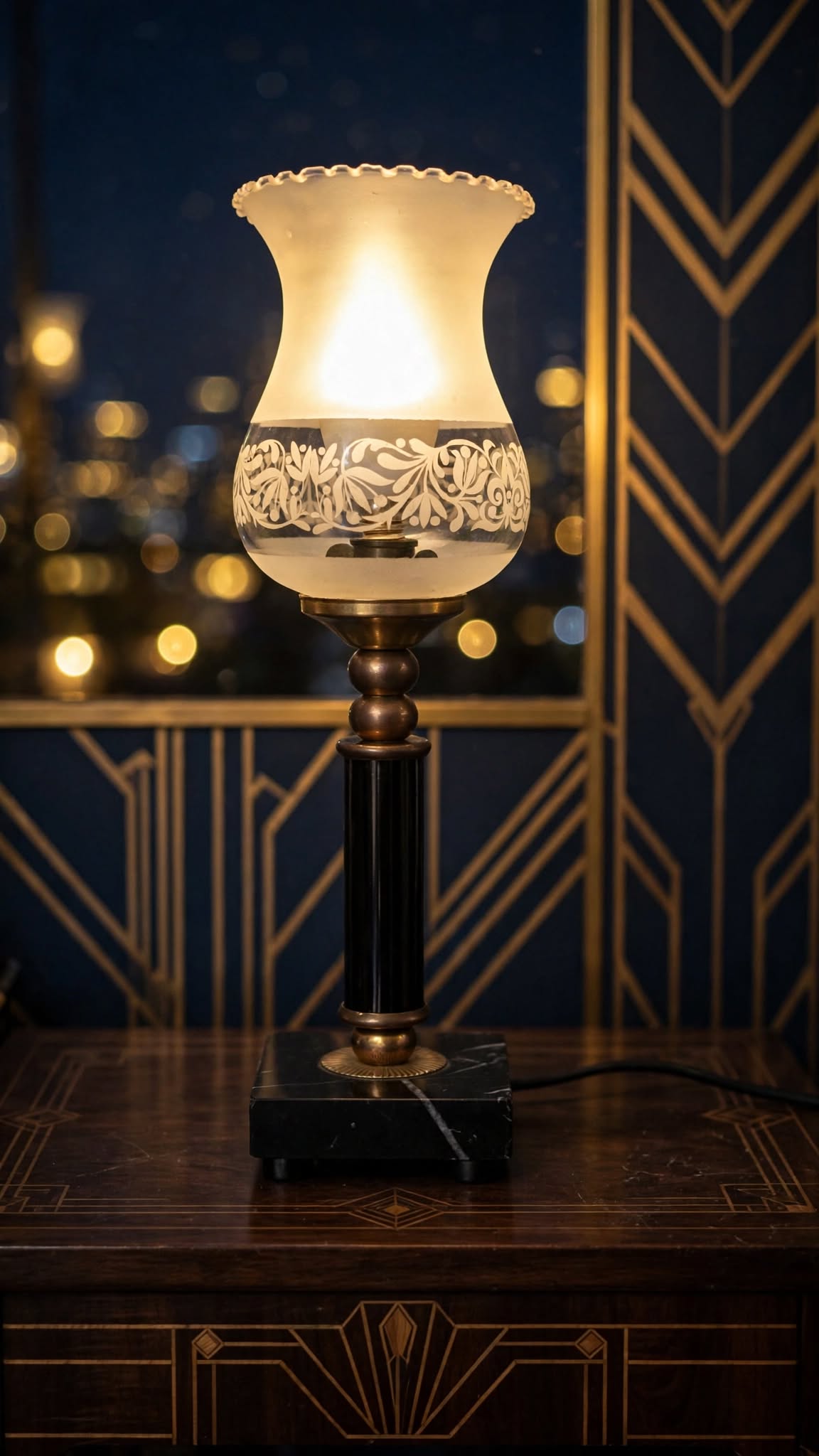 Lampe à poser Art Déco marbre noir et verre dépoli gravé – Style Néo-classique – Image 5
